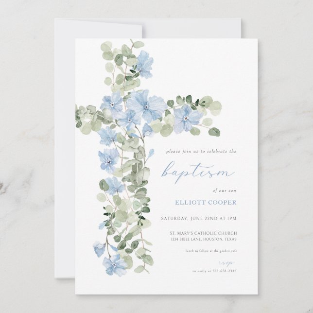 Baptisminbjudan till Blue Blommigt Kor Boy Baptism Inbjudningar (Framsida)