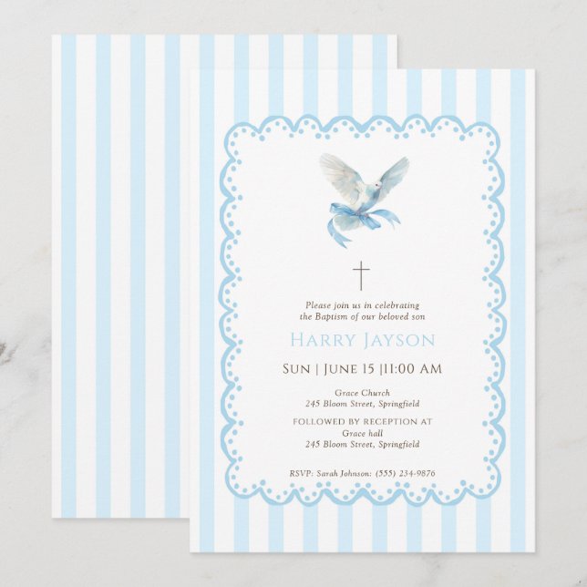 Baptisminbjudan till Blue coquette Dove Baptism Inbjudningar (Fram/baksida)
