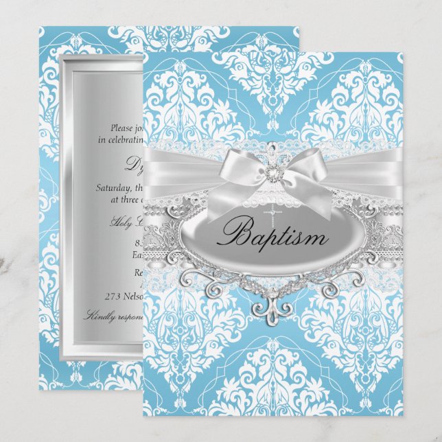 Baptisminbjudan till Blue Damask Bow Baptism Inbjudningar (Fram/baksida)