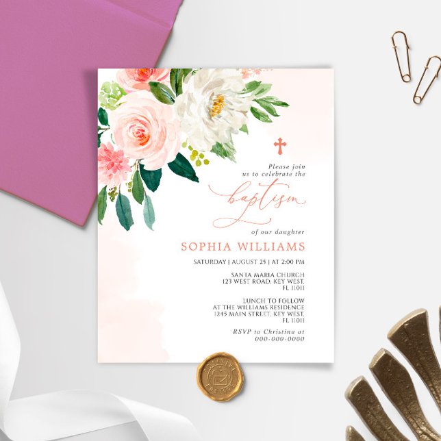 Baptisminbjudan till budgeterade Rosa ros-blommor (Skapare uppladdad)