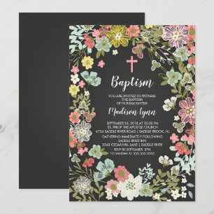 Baptisminbjudan till Chalkboard Blommigt GIRLS Bap Inbjudningar