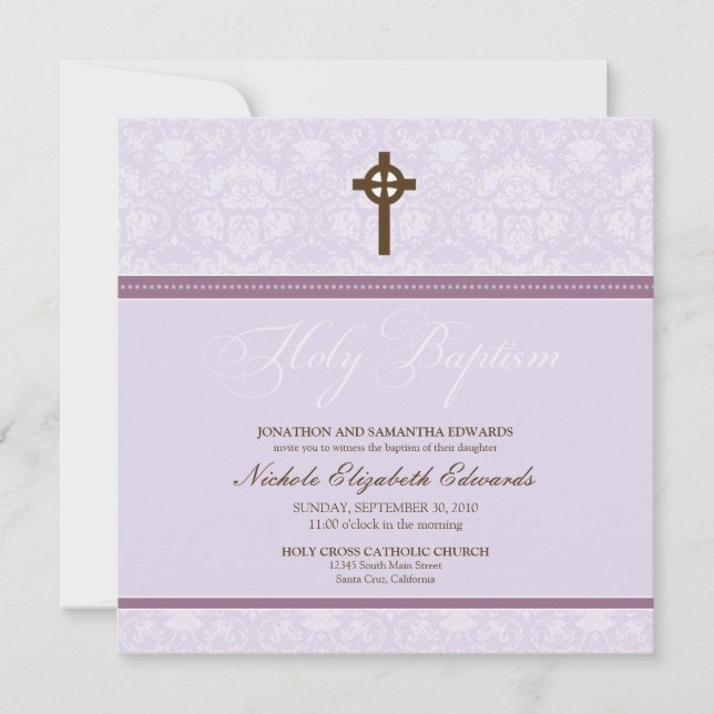 Baptisminbjudan till Elegant Damask Heliga (lavend Inbjudningar (Framsida)