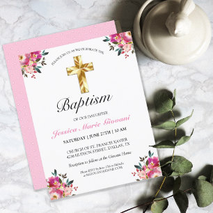 Baptisminbjudan till elegant Rosa Blommigt Guld Ko Kort