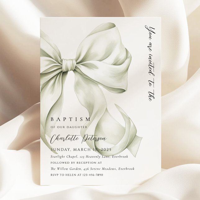 Baptisminbjudan till elegant Sage Bow Baptism Inbjudningar (Skapare uppladdad)