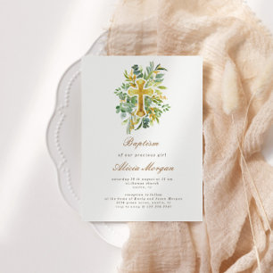 Baptisminbjudan till Eucalyptus Foliage Guld Kor Inbjudningar