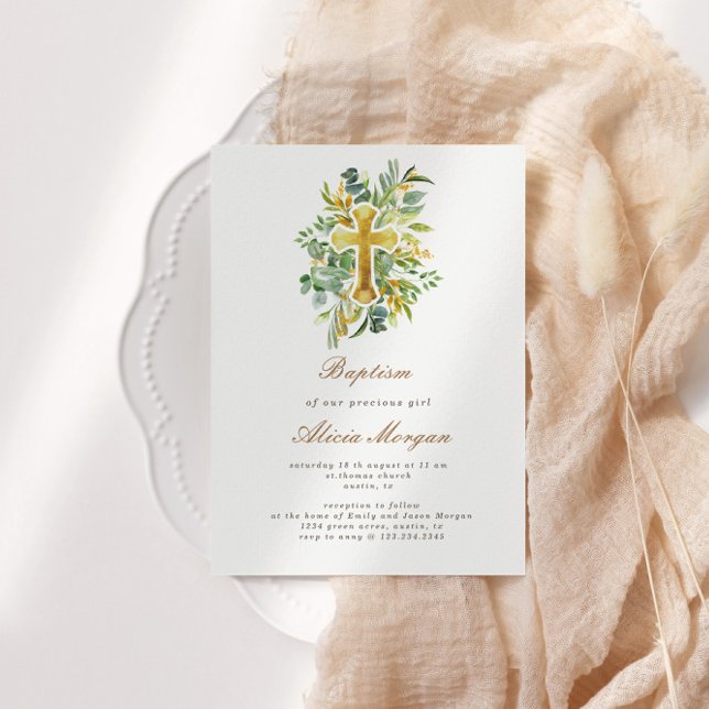 Baptisminbjudan till Eucalyptus Foliage Guld Kor Inbjudningar (Skapare uppladdad)