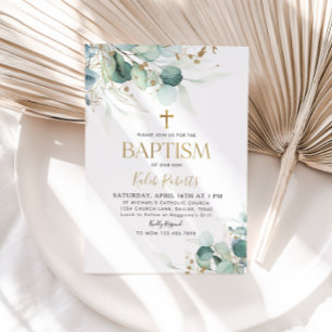 Baptisminbjudan till Eukalyptus Löv och Guld Inbjudningar