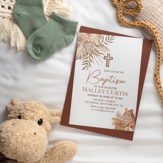 Baptisminbjudan till Flicka Boho Blommigt Brown Ba Inbjudningar (Baby Girl Boho Floral Brown Baptism Invitation)