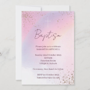Baptisminbjudan till flicka. Rosa och guld Inbjudningar
