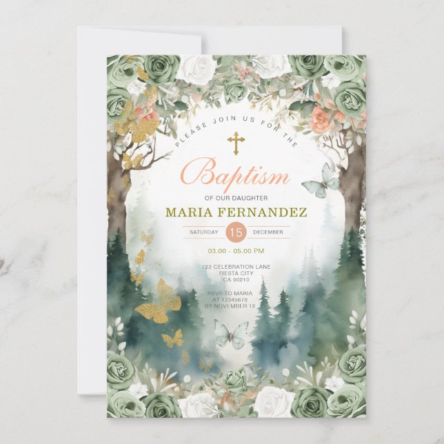 Baptisminbjudan till Garden Greenery Flowers Inbjudningar (Framsida)