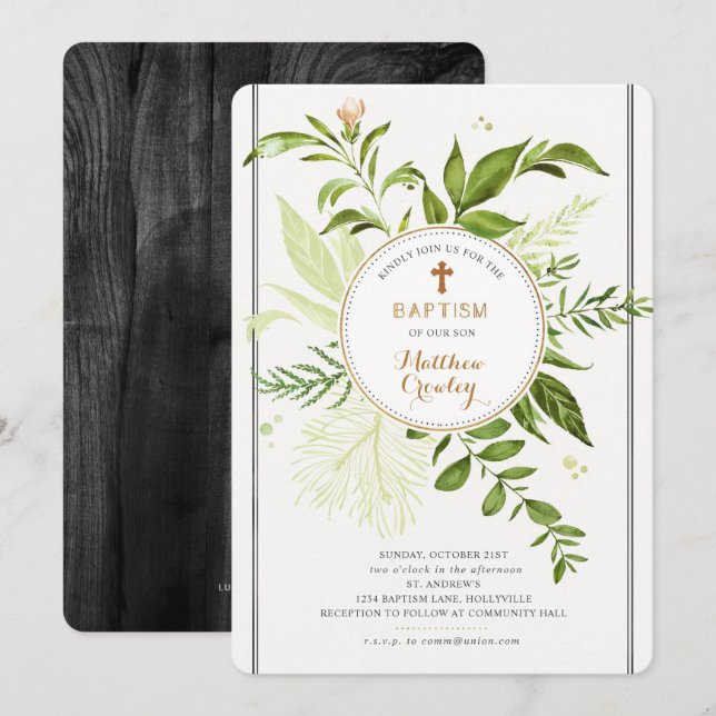 Baptisminbjudan till Greenery Guld Circle Baptism Inbjudningar (Fram/baksida)