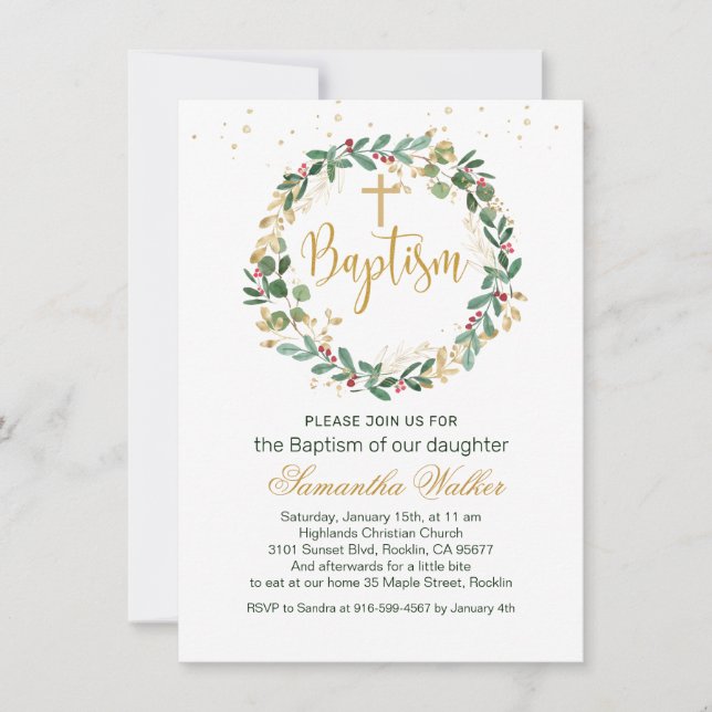 Baptisminbjudan till grönt Guld: Röda berry Kor Inbjudningar (Framsida)