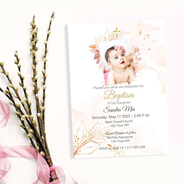 Baptisminbjudan till Guld Peach Baptism Inbjudningar (Gold Peach Baptism Invite)