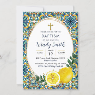 Baptisminbjudan till italienska Blue Tiles Lemon Inbjudningar