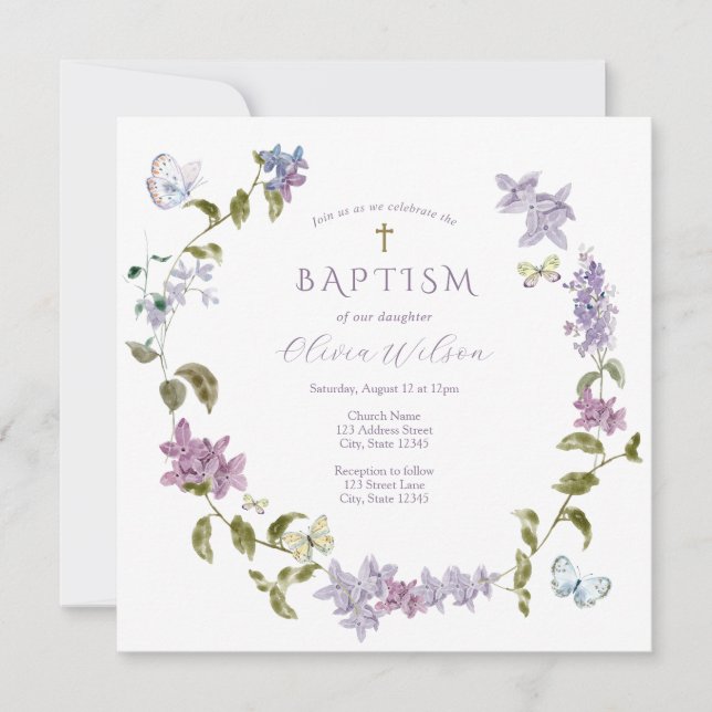 Baptisminbjudan till Lilac och Butterflies Inbjudningar (Framsida)
