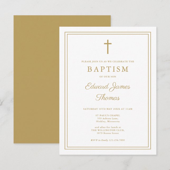 Baptisminbjudan till Modern Elegant Chic Guld Grän Vykort (Fram/baksida)