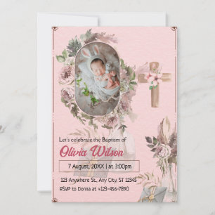 Baptisminbjudan till rosa Blommigt Baby Modern m Inbjudningar