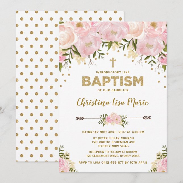 Baptisminbjudan till  Rosa & Guld Blommigt Inbjudningar (Fram/baksida)