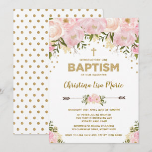 Baptisminbjudan till  Rosa & Guld Blommigt Inbjudningar