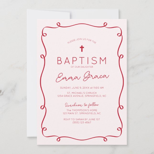 Baptisminbjudan till rosa och Röda Hand plockade Inbjudningar (Framsida)