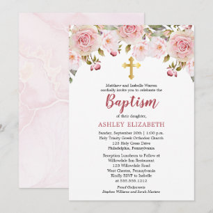Baptisminbjudan till Rosa Watercolor Blommigt Bap Inbjudningar
