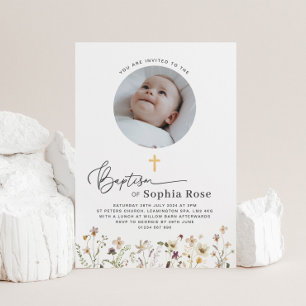 Baptisminbjudan till Round Photo Wildblomma Inbjudningar