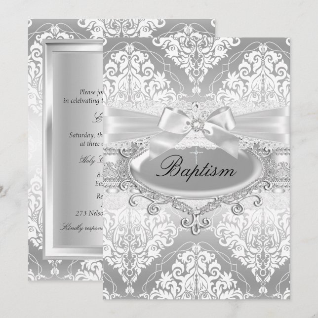 Baptisminbjudan till söt Silver Damask Bow Baptism Inbjudningar (Fram/baksida)