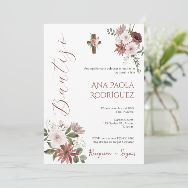 Baptisminbjudan till spanska Boho Blommigt Girl Inbjudningar (Stående Fram)