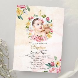 Baptisminbjudan till Sweet Gult Rosa Blommigt Bapt Inbjudningar