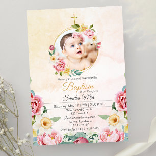 Baptisminbjudan till Sweet Gult Rosa Blomsterträdg Inbjudningar