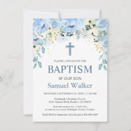 Baptisminbjudan till Watercolor Blommigt Blue Boy Inbjudningar