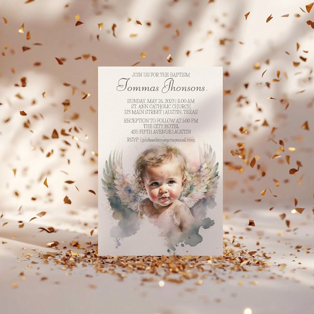 Baptisminbjudan till Watercolor söt Angel Baby Bap Inbjudningar (Skapare uppladdad)