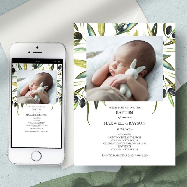 Baptisminbjudan vattenfärg Kön neutralt foto Inbjudningar (baptism invitation boho botanical watercolor olive branch )