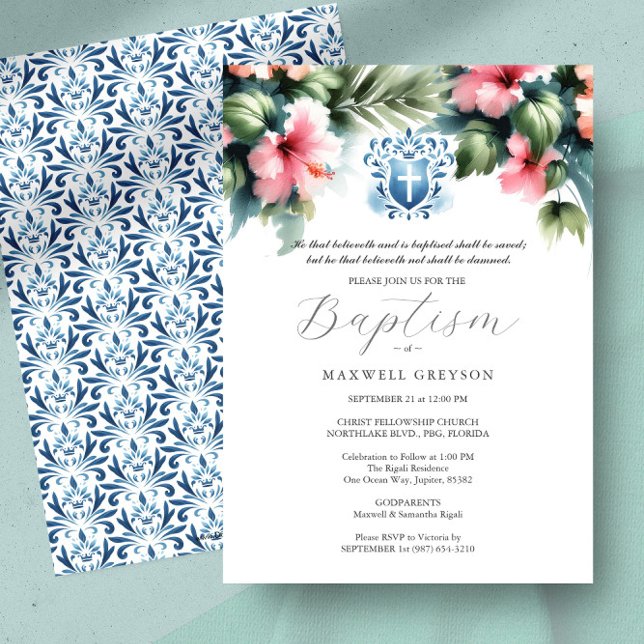 Baptisminbjudningar Religiösa Blue och Rosa Inbjudningar (Baptism invitations with godparents names pink hibiscus flowers by Victoria Grigaliunas)