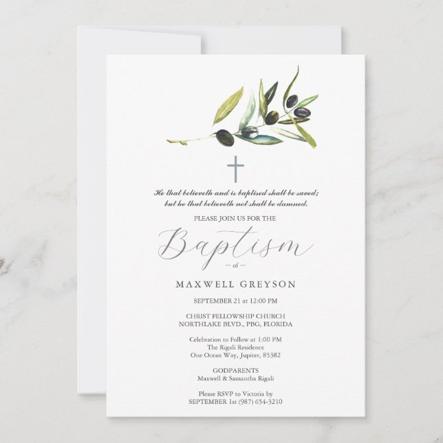 Baptisminbjudningar Religiösa Olive Gren Inbjudningar (Framsida)