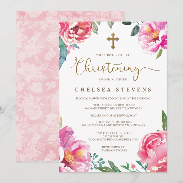 Baptisminbjudningar | Rosa Peonies Inbjudningar (Fram/baksida)