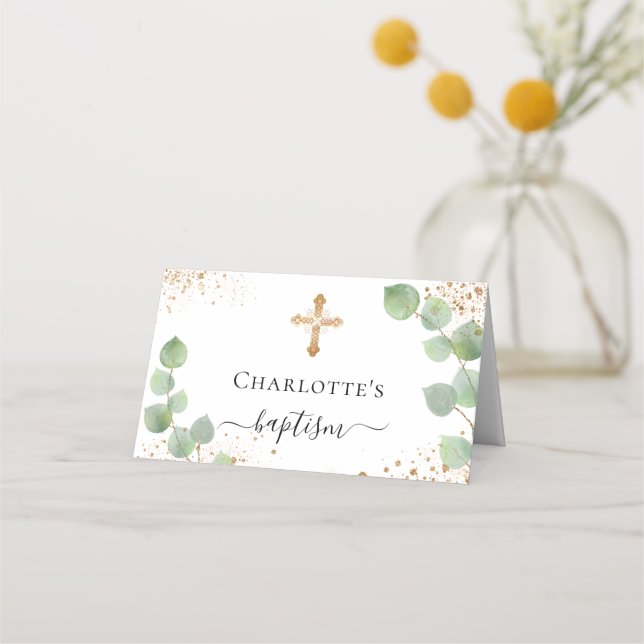 Baptismisk eukalyptus guld glitter stoft placeringskort (Baksida)