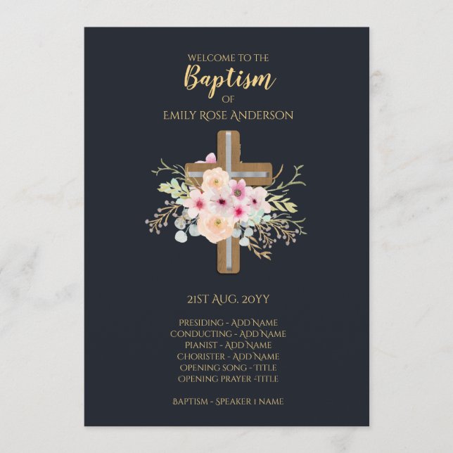 Baptismprogrammet - Blommigt Kor marinblå Guld Program (Framsida)