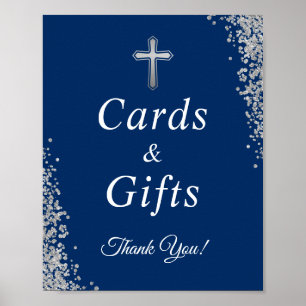 Baptismskort och gåvor av blått Silver Glitter Poster