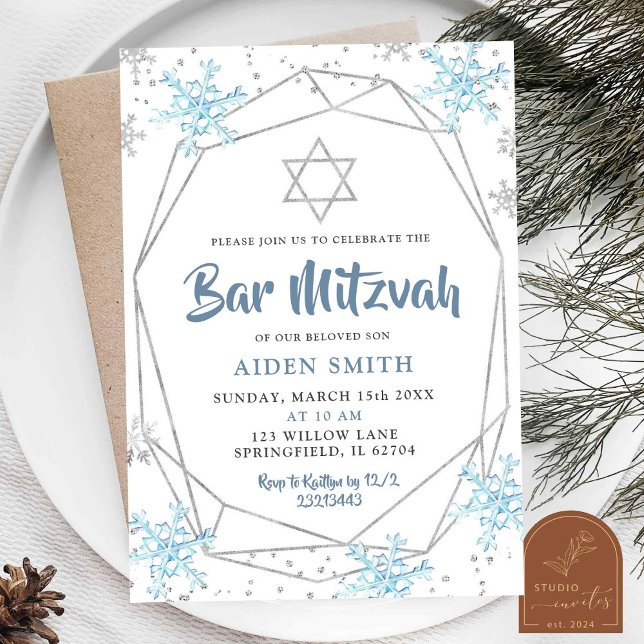 Bar/Bat Mitzvah Blå Vintersnöflinga Inbjudningar (Skapare uppladdad)