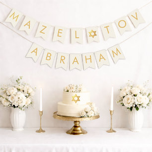 Bar Bat Mitzvah Elfenbens Guld Stjärna Mazel Tov 7 Vimplar