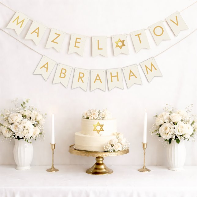 Bar Bat Mitzvah Elfenbens Guld Stjärna Mazel Tov 7 Vimplar (Skapare uppladdad)