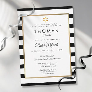 Bar, Bat Mitzvah Klassisk svart vit randig guld  Inbjudningar