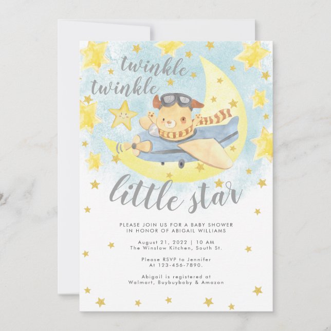 Bär flygplanet Guld Twinkle Little Star Baby Showe Inbjudningar (Framsida)