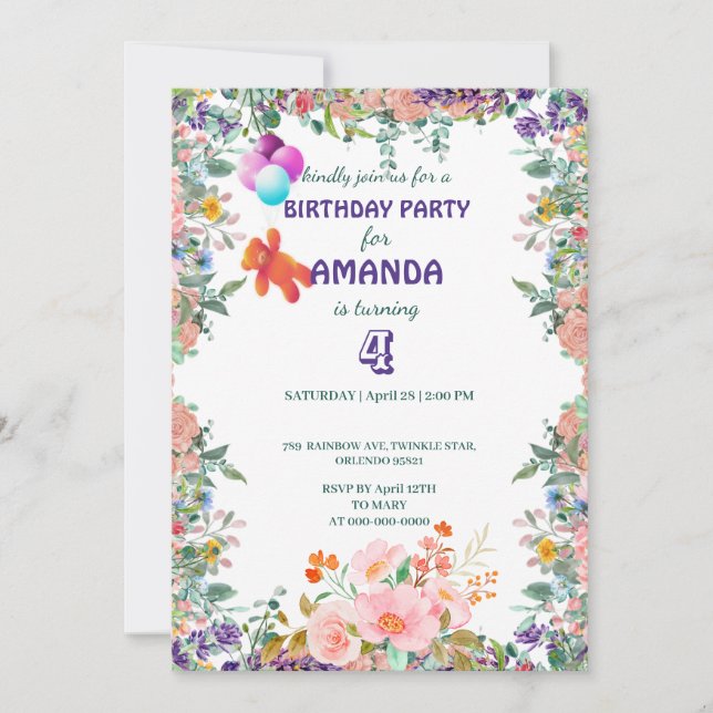 Bär Födelsedagsfest för blommigten flyt övertoning Inbjudningar (Framsida)