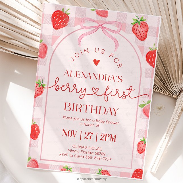 Bär Första Födelsedag Jordgubbe Inbjudningar (berry first birthday, strawberry birthday, first birthday girl, berry themed party, strawberry first)