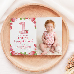 Bär Första Födelsedag Rosa Akvarell Baby Foto Inbjudningar