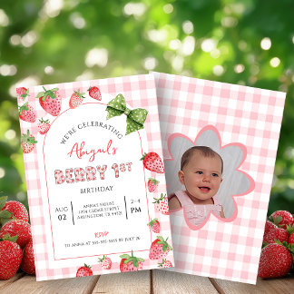 Bär Första Födelsedag Rosa Gingham Fotoinbjudan Inbjudningar
