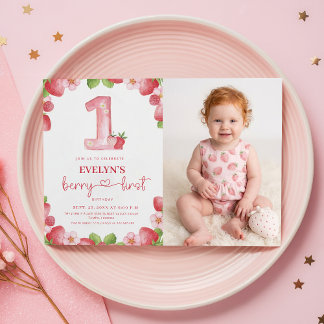 Bär första födelsedag Vattenfärg Frukt Baby Foto Inbjudningar