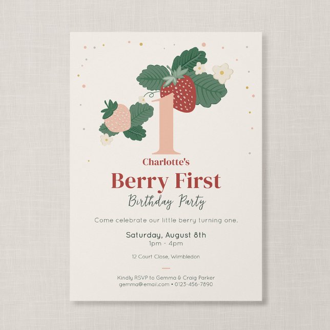 Bär Första Födelsedags Arv Äppelsin Trädgård Inbjudningar (Strawberry Garden - Berry First Birthday Invitation)